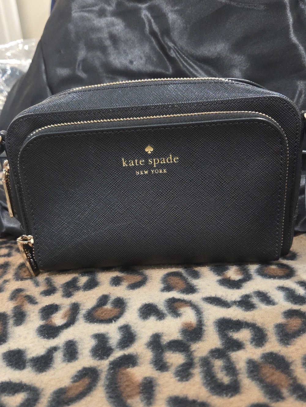 kate spade black saffiano crossbody camera bag with gold logo